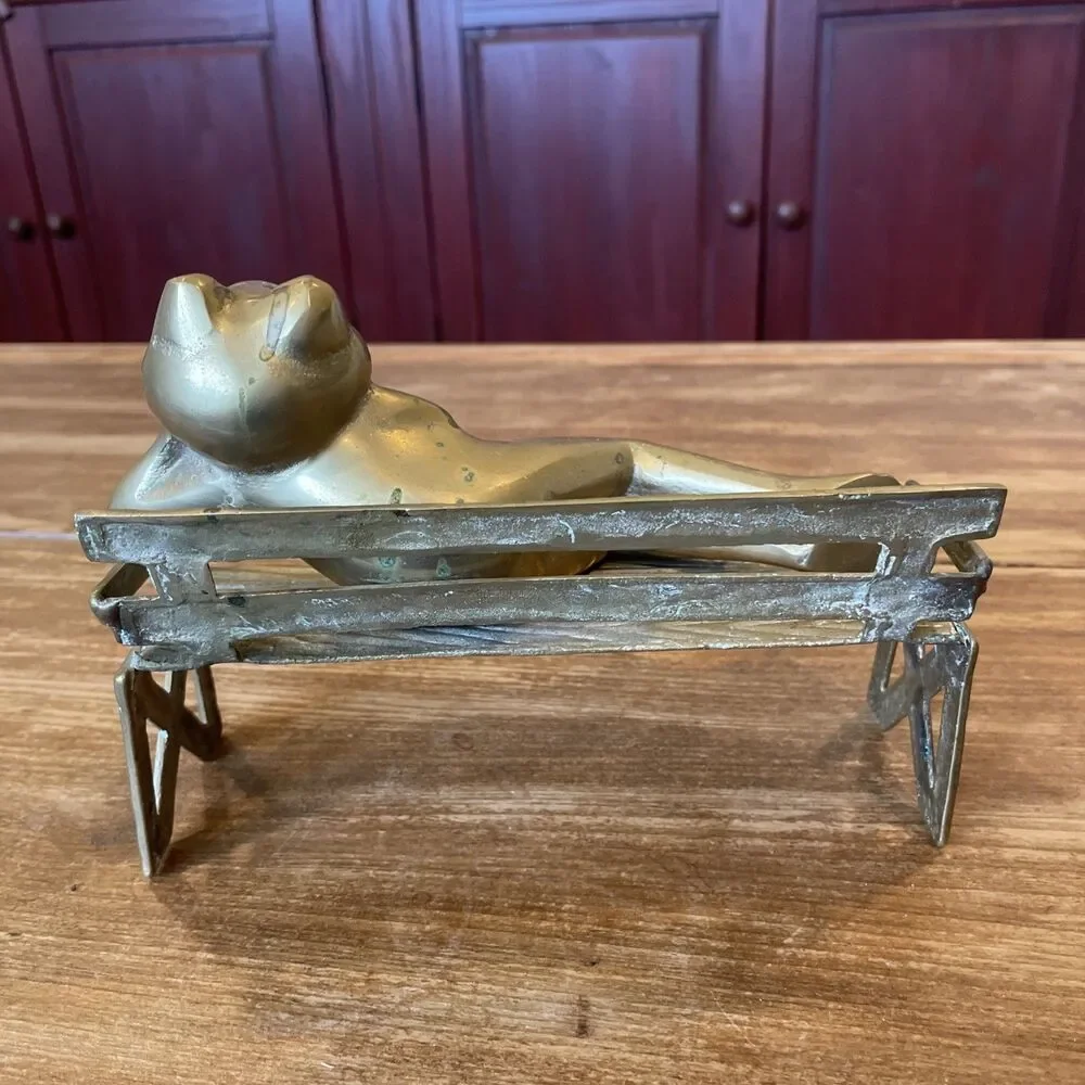 Vintage Solid Brass Statue, Relaxing Happy Frog on Bench- Garden Home Decor.